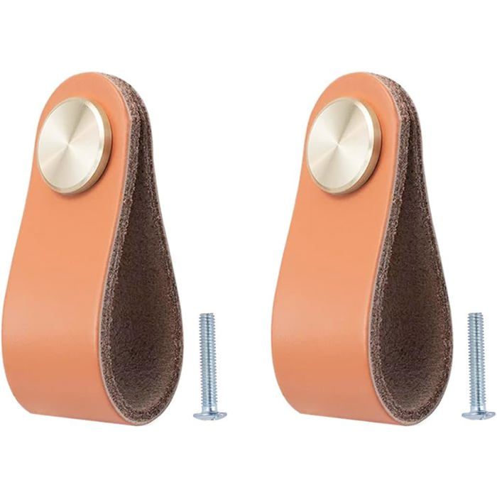 Lot de 2 poignées en cuir vintage pour meubles boutons de porte de placard et tiroir idéal pour armoires commodes cuisi - Orange