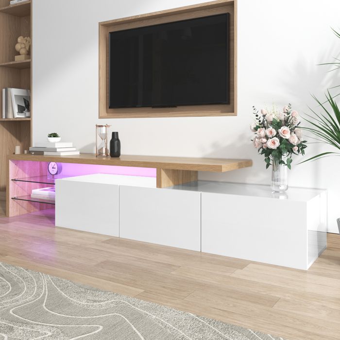 Meuble TV Bas avec Lumière LED Meuble TV avec Rangement 3 Portes et 2 Étagères en Verre Design Élégant et Moderne Blanc 200cm