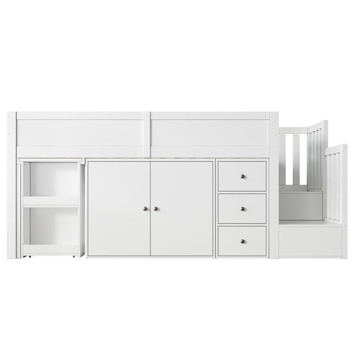 Lit mezzanine 90x200 cm blanc MDF avec bureau escamotable rangement latéral armoire tiroir et escalier de rangement - Sans matelas