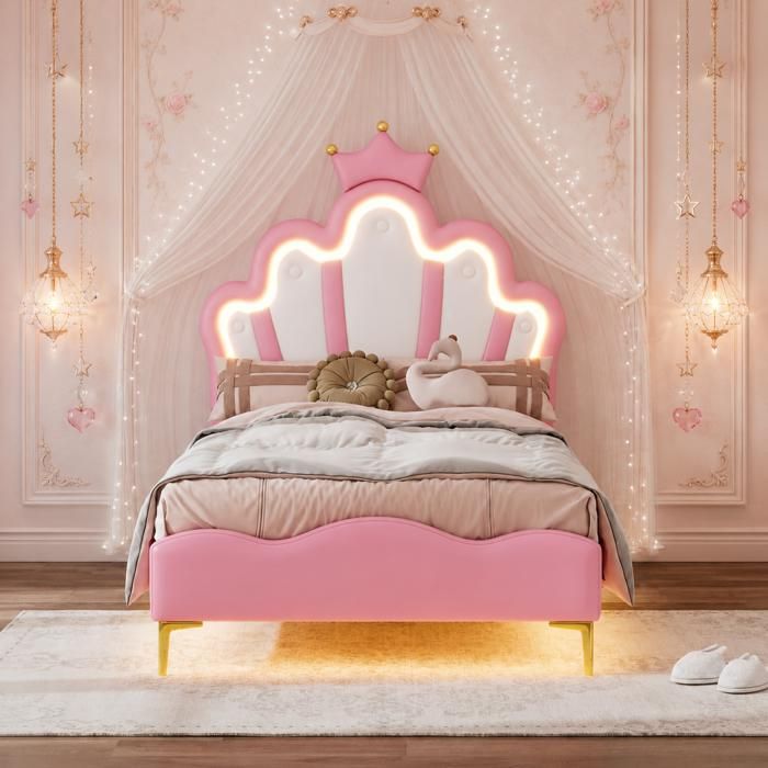 Lit fille 90x200 cm lit capitonné avec éclairage LED lit enfant avec tête de lit réglable lit princesse sommier à lattes rose