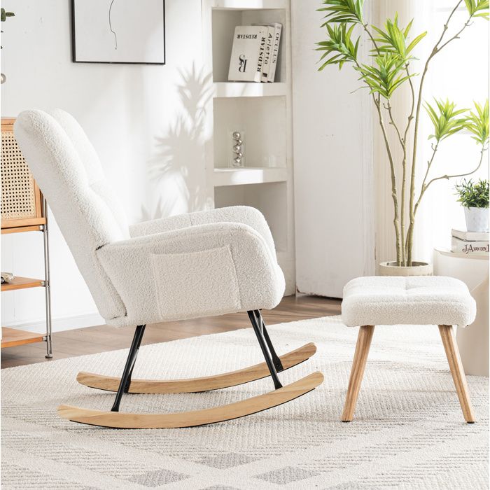 Fauteuil à Bascule Ergonomique avec Repose-pieds Bois de Caoutchouc Charge 115 kg Bouclé Blanc - UVRION