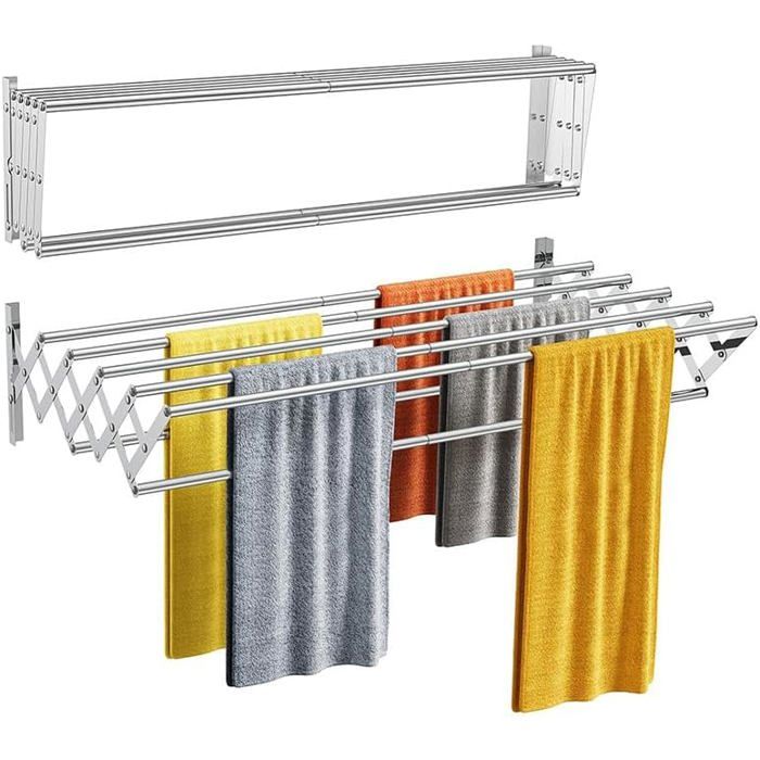 Séchoir à linge mural en acier inoxydable pliable - 7 barres 43-80 cm 36 3 kg de charge