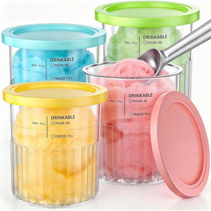 4pcs pots à glace – Compatible Ninja Creami Deluxe NC500/NC501 – Sans BPA 680ml – Pour glaces maison et sorbets – Multicolore