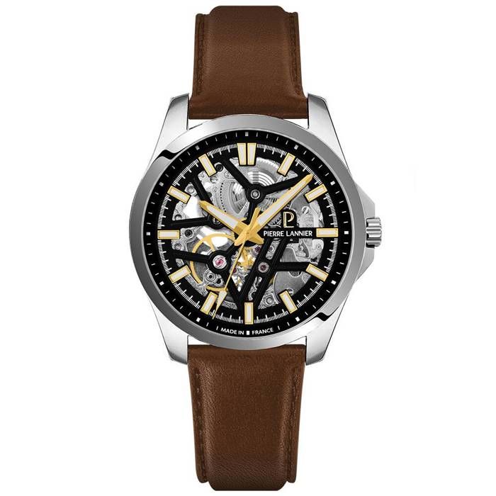 Automatique Homme SKELETOM Argenté Cadran Soleillé Noir Bracelet Cuir Brun 20M