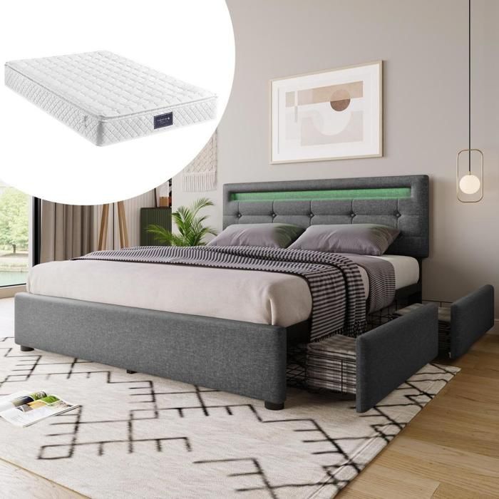 Lit - KOMHTOM - 140x200cm - LED intégrée - 4 tiroirs - Matelas inclus