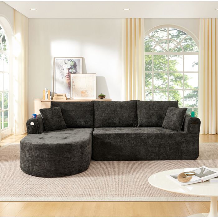 Canapé d’Angle Modulable 3 Places sans Montage avec Porte-Gobelet Inox - ELVMI - Poches de Rangement Lin Noir