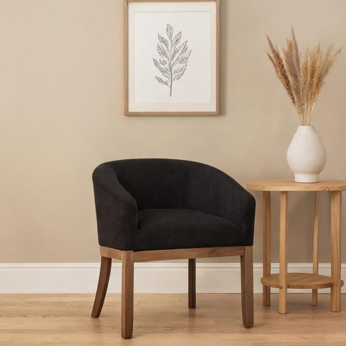 Chaise salle à manger tonneau 1 place en chenille cool gray et bois massif – style contemporain