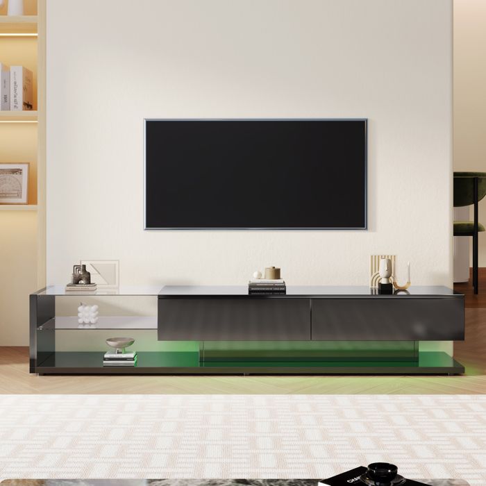 Meuble TV - Laqué noir - Pour écrans 50–59 - Éclairage LED personnalisable - 2 tiroirs & 2 étagères en verre