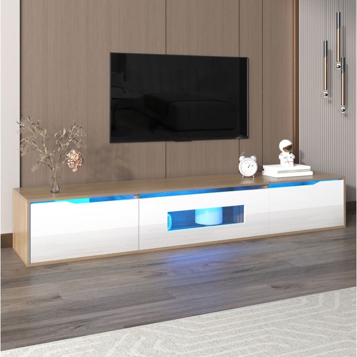 VEVXYN meuble TV meuble rangement LED 180 cm blanc brillant decor bois 2 portes niche ouverte montage mural style moderne
