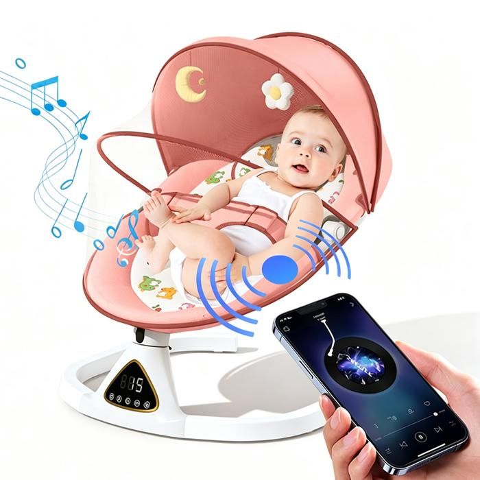 Balançoire électrique pour bébé Transat bebe avec Télécommande chaise berçante Rideaux en gaze Minuterie Bluetooth 5 Vitesses