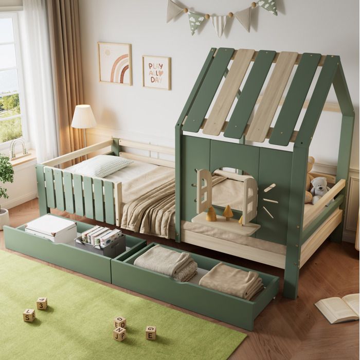 Lit Cabane Enfant 90×200 cm avec Toit Fenêtre et 2 Tiroirs - BEAUNIV - Sans Matelas Bois et MDF - Vert Naturel