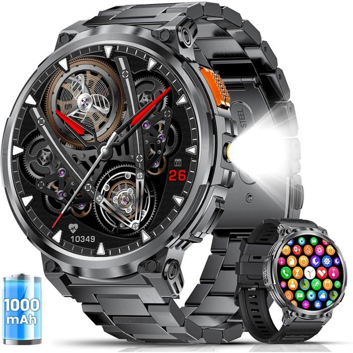 Montre Connectée Homme 1000mAh/LED Lampe/5ATM Étanche 1.85 Militaire Smartwatch Homme avec Appel Bluetooth 130+Modes Sportifs