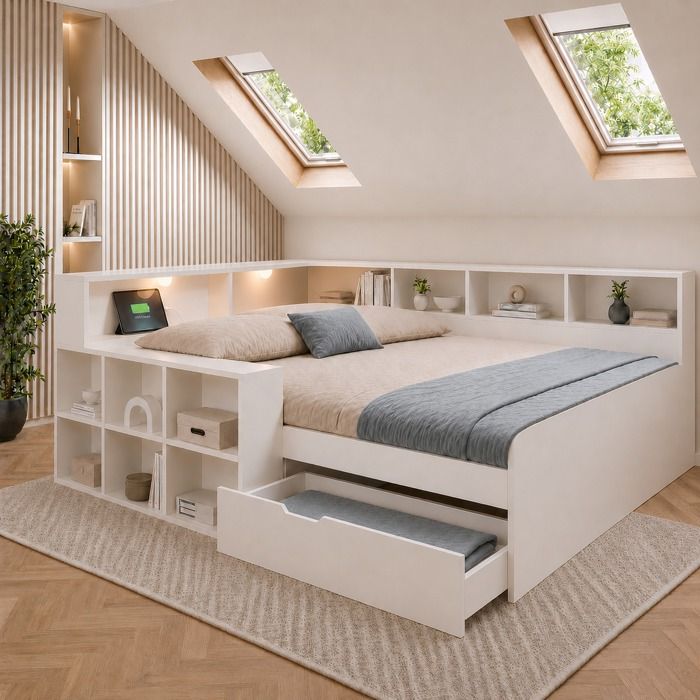 Lit Double 2 Places 140x190 Blanc avec Rangement Bibliothèque Tiroirs 2 Lampes USB/Type-C sans Matelas