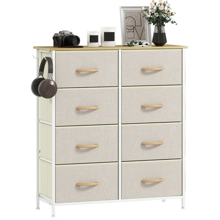 Commode de chambre à 8 tiroirs en tissu structure en acier plateau effet bois beige