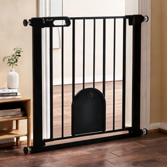 Barrière de sécurité en acier noir avec trappe pour chat 75-82 cm double verrouillage automatique