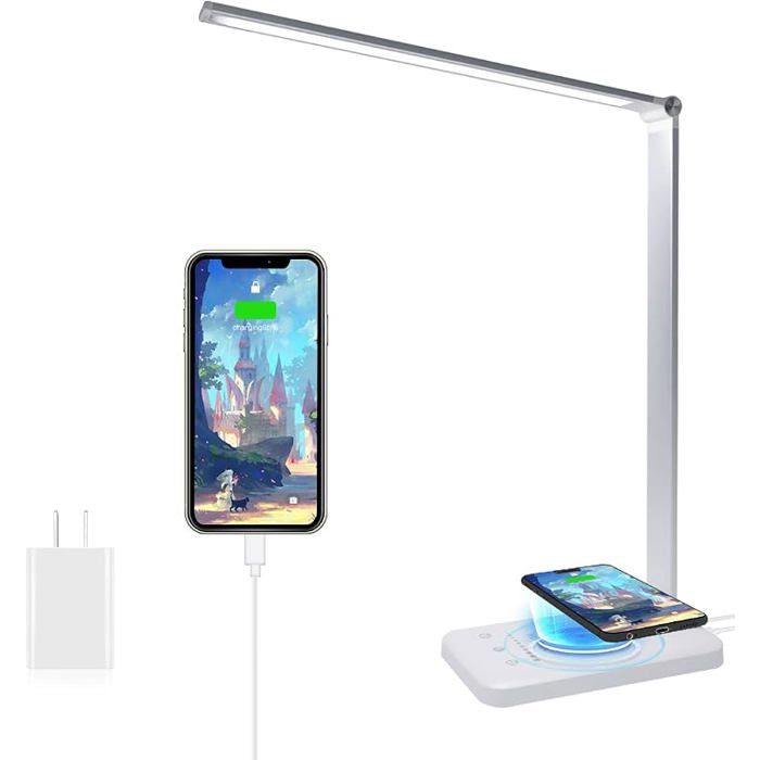 Lampe de Bureau avec Chargeur sans Fil Lampe de chevet Avec Port USB Bnc Lampes de Bureau 10 Niveaux de Luminosité 5 Bnc