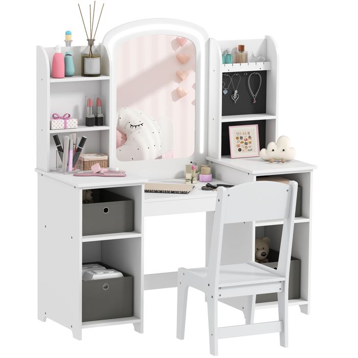 Coiffeuse enfant blanche 104x40x112 cm tabouret + miroir LED maquillage 3-8 ans