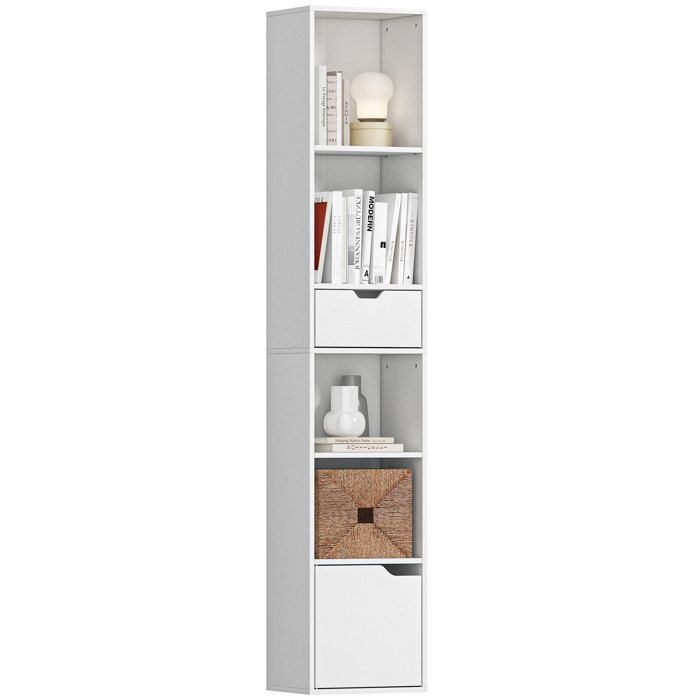 Bibliothèque - Étagère pour livres - 6 niveaux - Tiroir de rangement - Porte - 3 niveaux - Blanc - 30 x 24 x 158 cm - ZENLINKJH