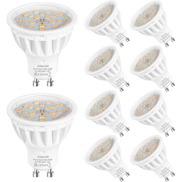 10 Ampoules LED GU10 Yiahin - 5W Équivalent 60W - 600LM Blanc Froid 6000K - Angle 120° - Pour Spot & Plafonnier