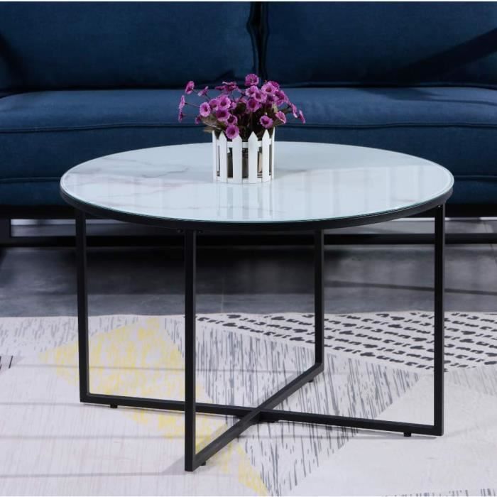 table basse ronde goldfan - blanc - 70x70x45cm - verre trempé - papier marbre