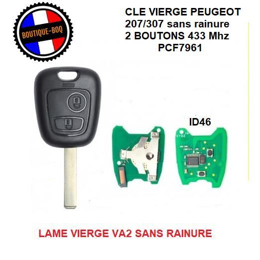YUI Télécommande clé de voiture Porte-clés à distance de voiture 2 boutons  ID46 433 MHz avec lame non coupée pour Peug 7429604406538
