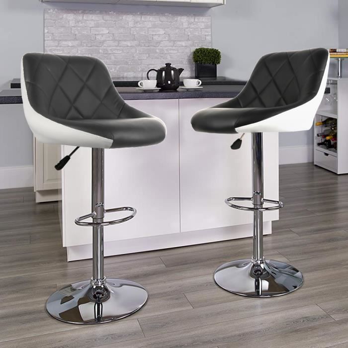 Tabouret de Bar Lot de 2 en Cuir Artificiel réglable - Noir et Blanc