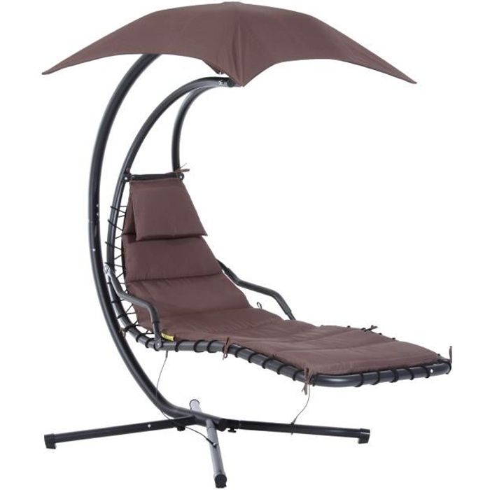 outsunny bain de soleil transat suspendu chaise suspendu extérieur avec pare-soleil matelas moderne acier polyester taupe noir