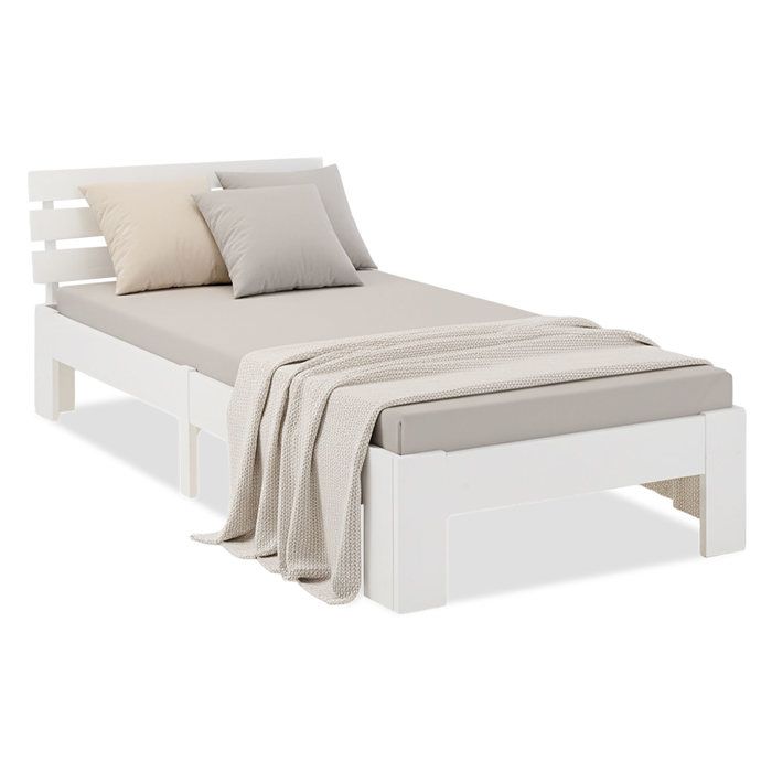 Lit en Bois 90x200 cm Blanc Lit Simple avec Sommier Massif Chambre Enfant Adolescent Invité