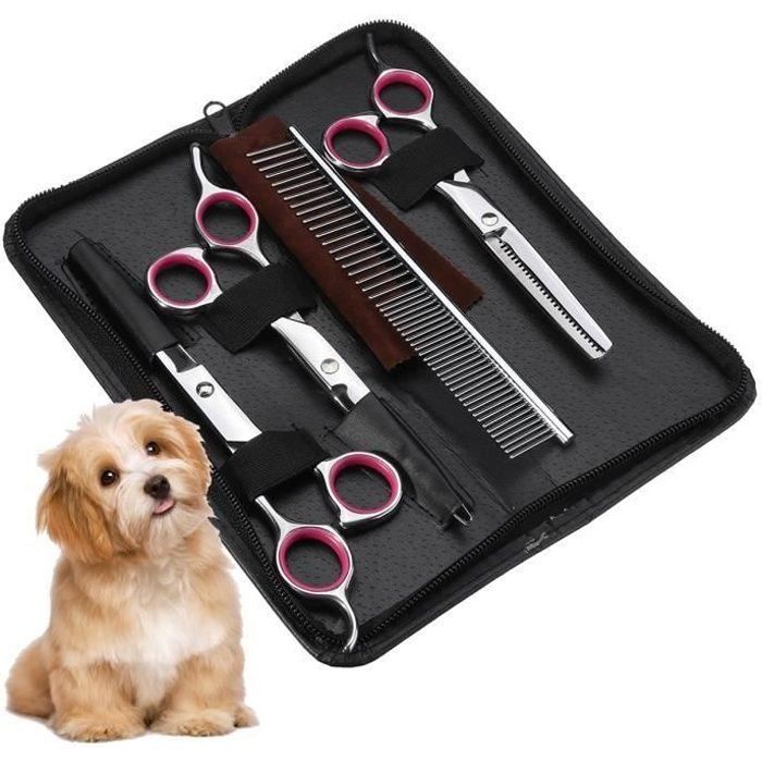 Kit de toilettage pour chien - 4 pièces - Acier inoxydable - Ciseaux courbes et droits - Peigne inclus