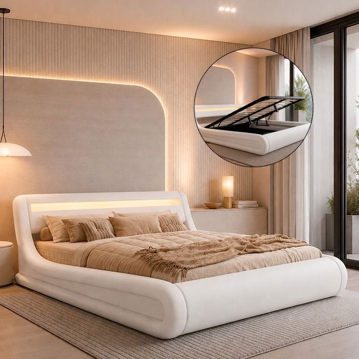 Lit avec rangement - Rodas - blanc - 180x200cm - A lattes - Bois - Contemporain Lit avec rangement - Rodas - blanc - 180x200cm - A lattes - Bois - Contemporain