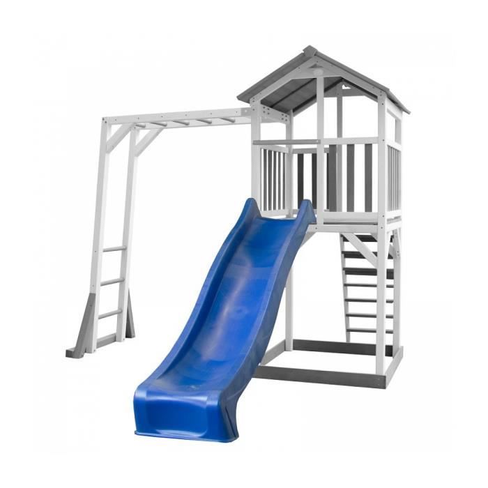 AXI Beach Tower Aire de Jeux avec Toboggan en bleu, Cadre d'escalade & Bac à Sable | Grande Maison enfant extérieur en gris & blanc