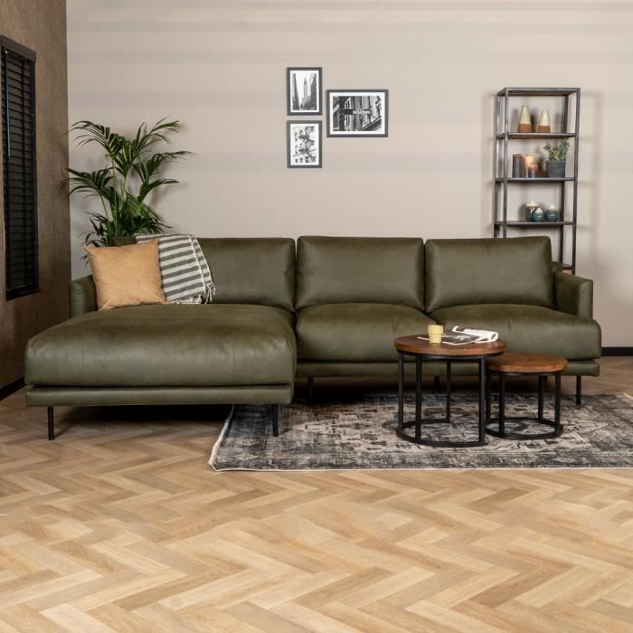 Canapé dangle Livin24 Denver vert olive en éco-cuir - Style industriel - 4 places - Confort moelleux