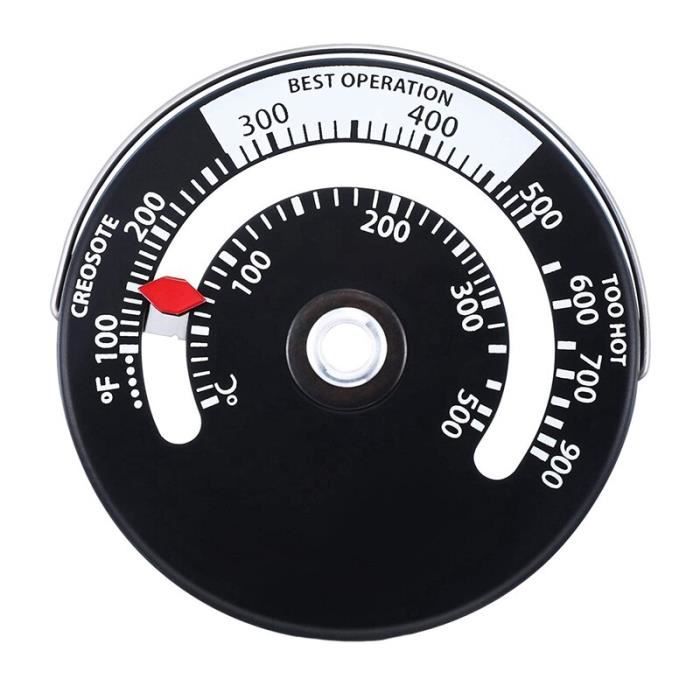 Noir Thermomètre magnétique pour poêle à bois, brûleur de bois, thermomètre supérieur pour