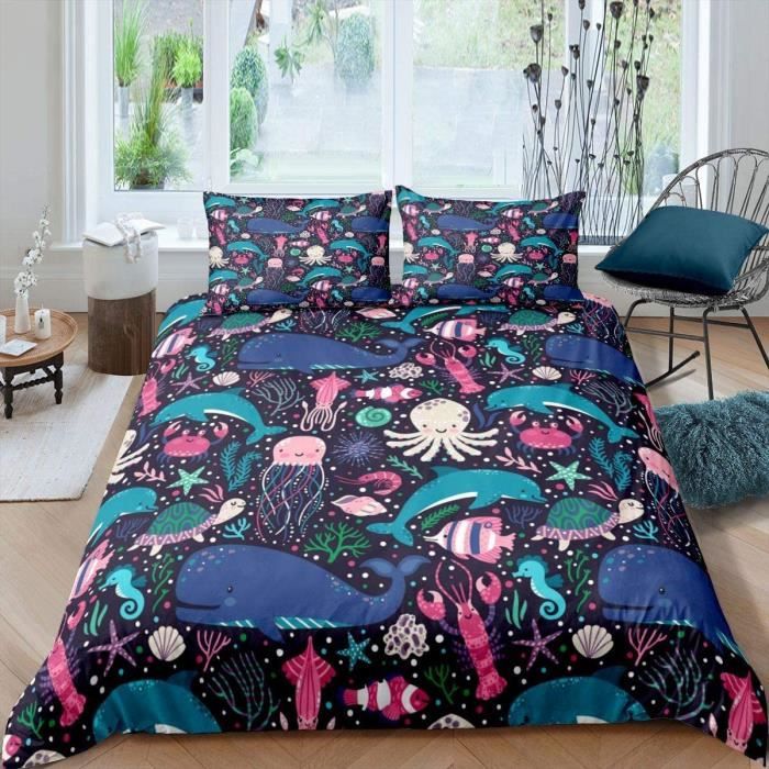 Housse de Couette 140x200cm Requin de Dessin animé 3 Pièces Microfibre avce 2 taies d'oreillers