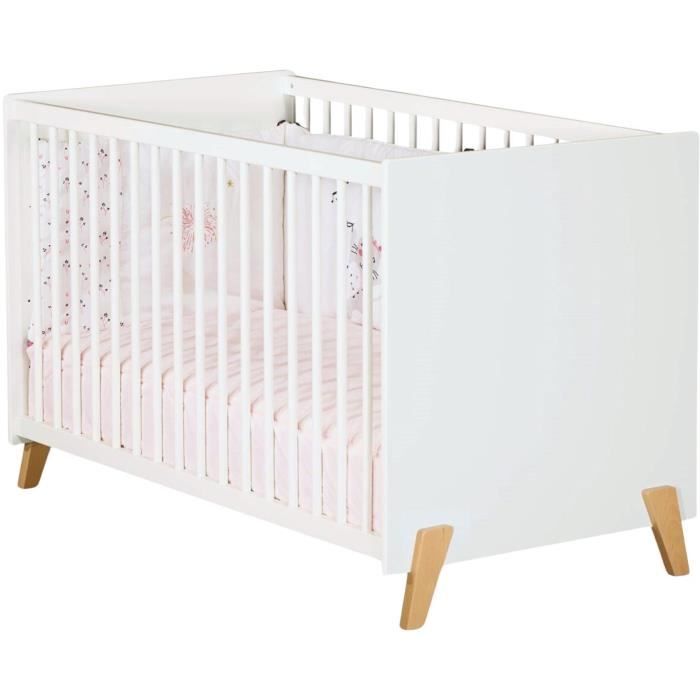 Lit bébé - 120 x 60 cm - Babyprice Joy Naturel - Blanc - Sur pieds en bois naturel