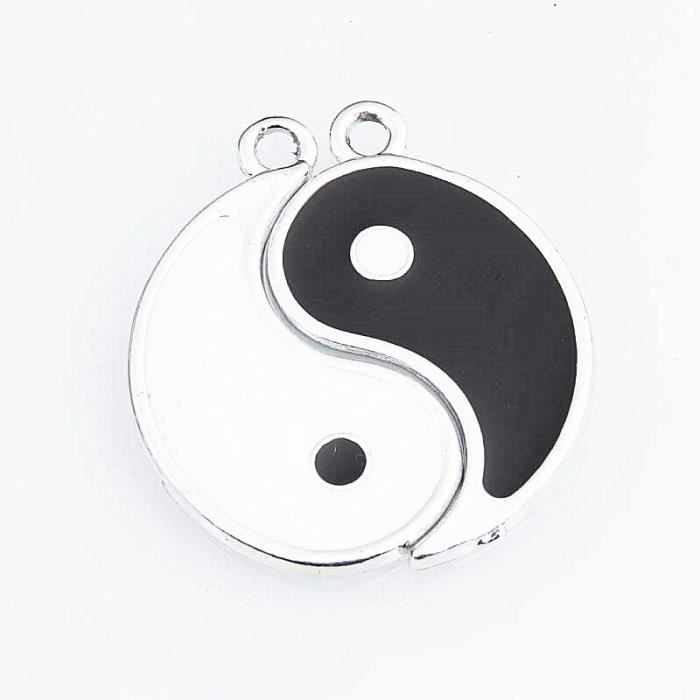 Pendentif Yin Et Yang En Métal Plaqué Argent – Fait Main En Italie, émail Noir, Collier Corde Noir Inclus