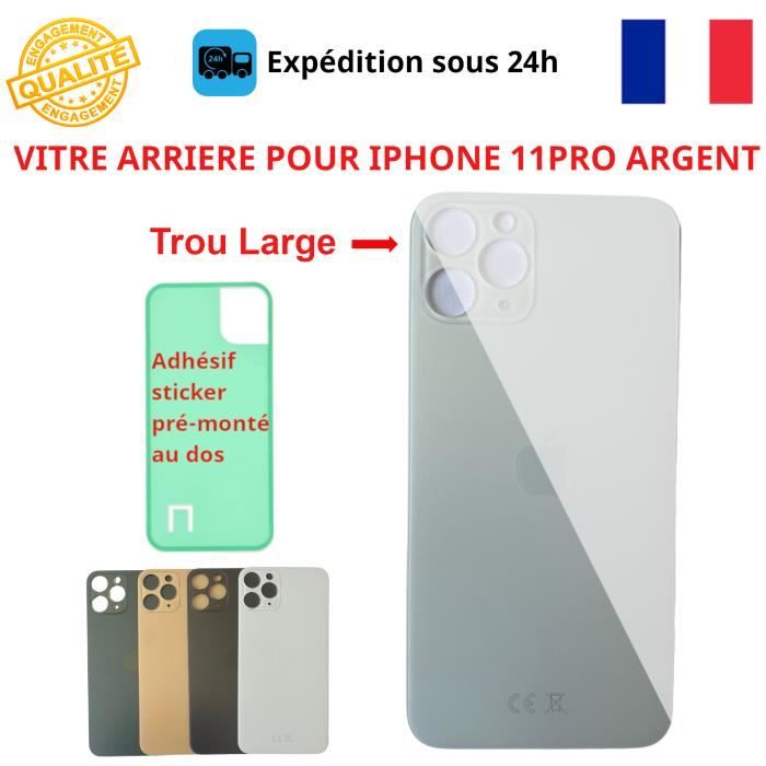 VITRE ARRIERE IPHONE 11 PRO ARGENT LOGO ADHESIF GROS TROU