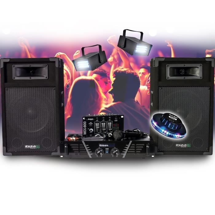 SONORISATION COMPLET Disco 480W IBIZA SOUND DJ300 Ampli - Table de mixage - Enceintes - Micro, Pack Lumières OVNI STROBES LED