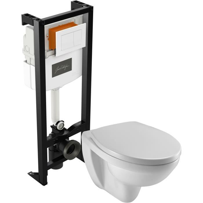 Pack WC suspendu Patio avec bâti-support autoportant, abattant thermodur et plaque de commande blanche