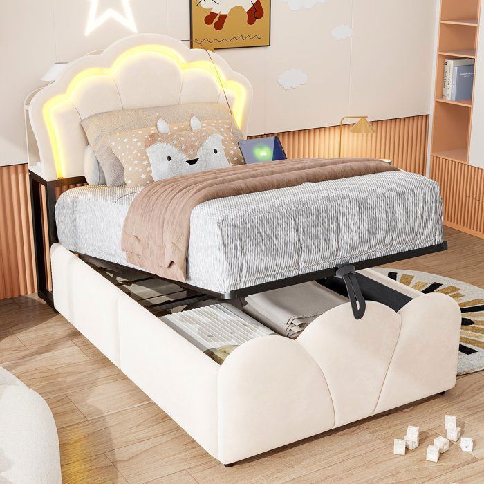 Lit Coffre Enfant 90x200 Velours Crème Pour Avec Éclairage Led Tablettes Latérales Ports De Charge Usb‑C Rangement Hydraulique Lit Coffre Enfant 90x200 Velours Crème Pour Avec Éclairage Led Tablettes Latérales Ports De Charge Usb‑C Rangement Hydraulique