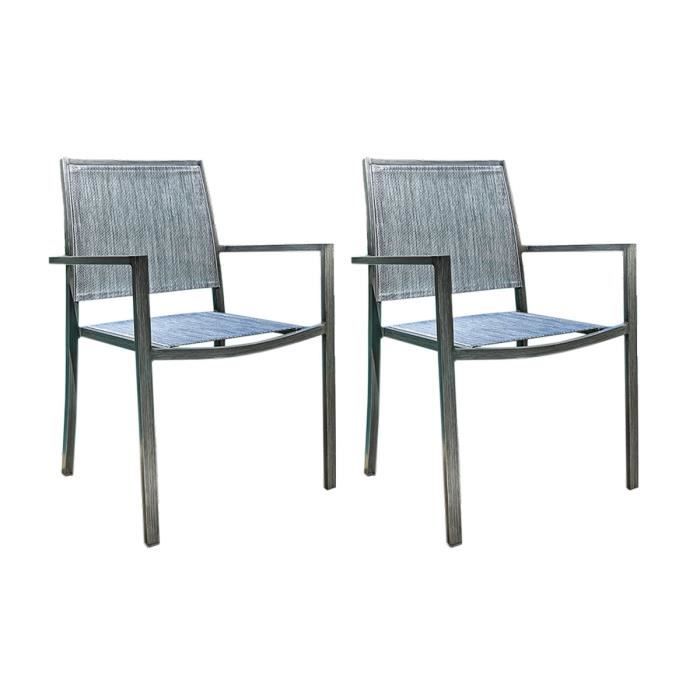 lot de 2 fauteuils de jardin en aluminium et textilène empilable aspect teck gris santorin - jardiline 55 x 58 x 85 cm gris