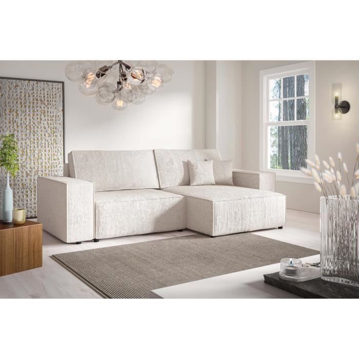 Canapé d'angle Convertible Vella Mini en Velours côtelé. Coffre de Rangement - 260 cm de Longueur (Beige)