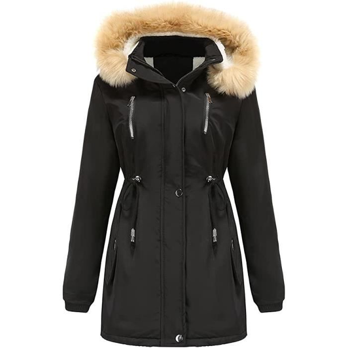 Manteau Femme Chaude a Manches Longues Capuchon en Fourrure d hiver Blouson Zippe Veste Parka Manteau Epaisse noir Cdiscount Pret a Porter
