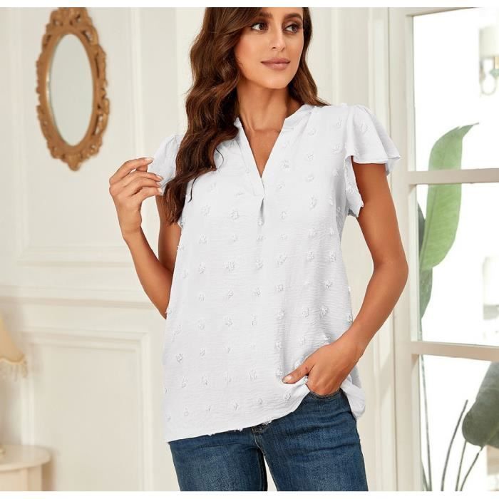 chemisier-uni-femme-chic-blanc-t-manches-courtes-col-v-grande-taille