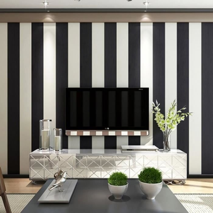 Papier Peint A Rayures Noir Blanc Intisse 0 53 9 5m Cdiscount Bricolage
