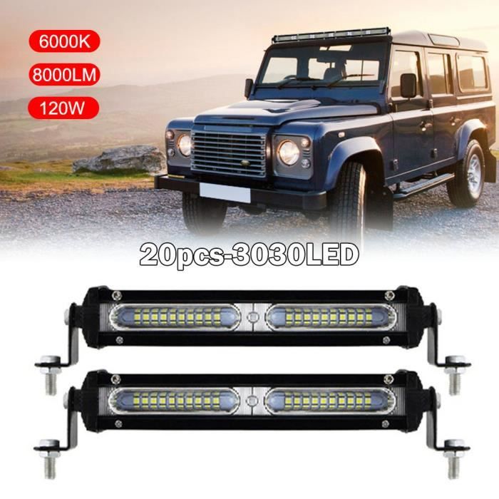 2PCS Lampe de barre LED pour Voiture Camion Tout-Terrain, 60 W/pièce, 7 pouces, 20 LED, Barre'Eclairage Tout Terrain
