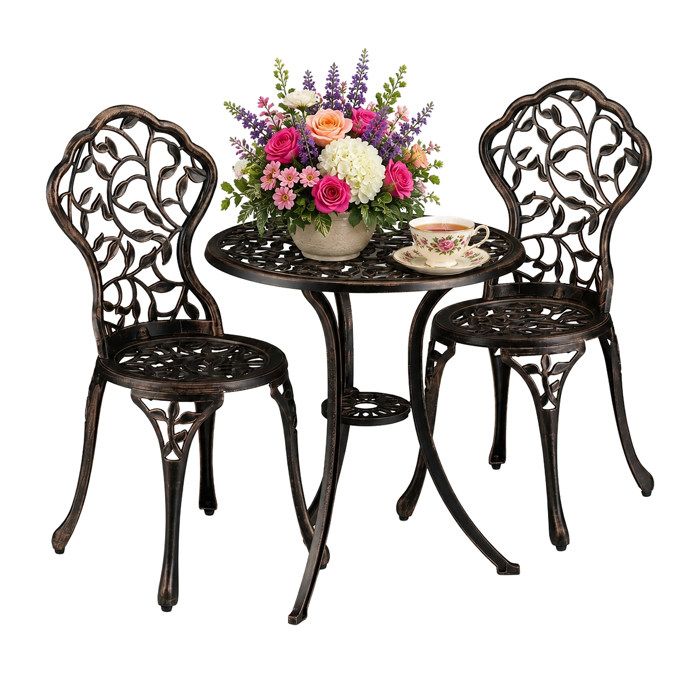 Relaxdays Meubles de balcon 3 pièces table de balcon avec 2 chaises ornés aluminium bistrot HxD: 65x 60 cm bronze