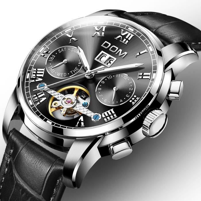 SHARPHY montre homme mécanique automatique tourbillon calendrier étanche lumineux cuir noir