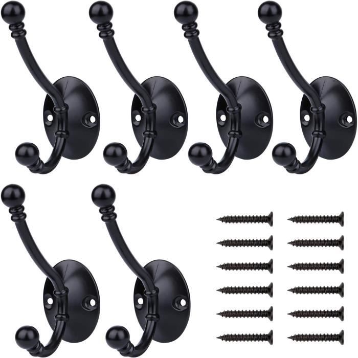 Lot De 6 Patères Murales BIGLUFU Noir - Crochets Porte-Manteaux Métal Avec Vis