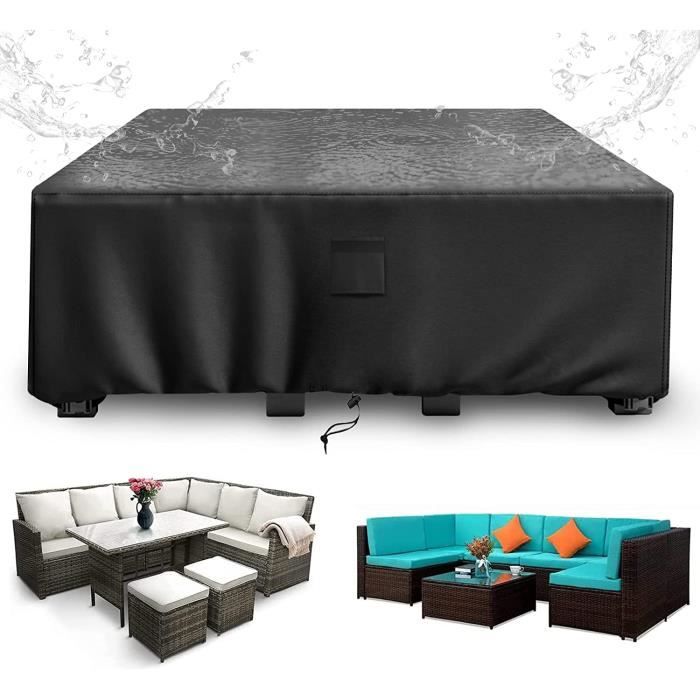 Housses Meubles Jardin - Lot De 4 (Canapé, 2 Fauteuils, Table Basse) Imperméable 210D, Coupe-Vent (Noir) - 9